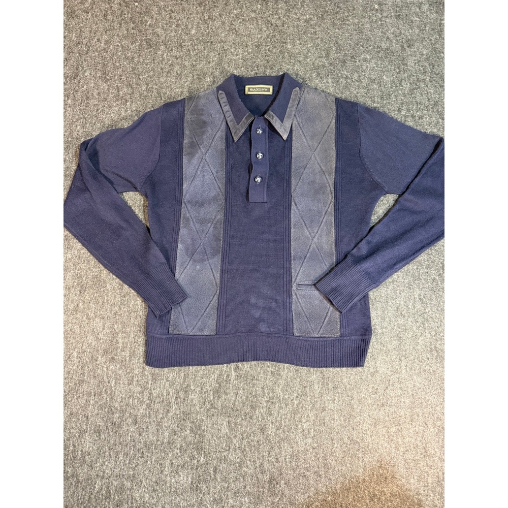 Vintage Saxony Mens Navy Blue Knit Polo Sweater Genuine Leather Trim Size M